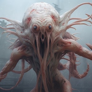 May include: A close-up of a pale pink, fleshy creature with multiple tentacles and large, dark eyes. The creature has a gaping mouth and appears to be in a state of distress.