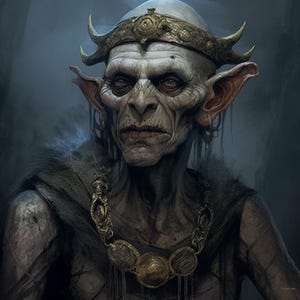 Puede incluir: Un retrato de cerca de una criatura fantástica con orejas puntiagudas, una corona y un collar. La criatura tiene la piel pálida y una expresión seria.