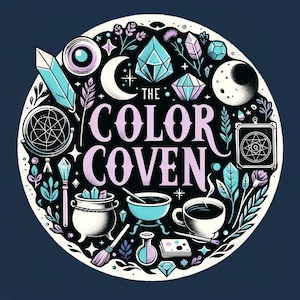May include: A circular design with a black background and a purple and pink text that reads "The Color Coven". The design features various illustrations of crystals, moons, stars, plants, and other mystical elements.