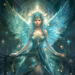 以下が含まれることがあります： 青い羽根と王冠をつけた女性が、きらめく背景の前に立っています。彼女は、金色の胸当てと銀と青の王冠をつけた、流れるような青いドレスを着ています。