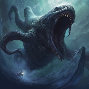 May include: A large, dark blue, monstrous creature with a gaping maw full of sharp teeth. The creature has multiple tentacles and is depicted in a dark, underwater setting.