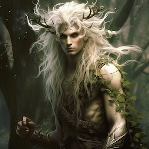 May include: A man with long white hair and antlers on his head, wearing a leafy green and brown costume. He has a serious expression on his face.