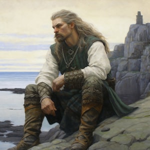 May include: A man with long white hair and a beard sits on a rocky cliff overlooking the ocean. He is wearing a green tunic, brown pants, and leather boots. He has a silver chain necklace with a pendant around his neck.
