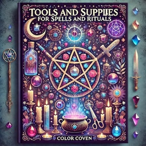Puede incluir: Una ilustración colorida de herramientas y suministros para hechizos y rituales. La imagen presenta un pentagrama, cristales, hierbas, velas y otros objetos mágicos. El texto "Tools and Supplies for Spells and Rituals" está en la parte superior de la imagen. El texto "Color Coven" está en la parte inferior de la imagen.