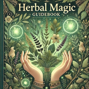 Pode incluir: Uma capa de livro com o título "Herbal Magic Guidebook" em letras douradas. A capa apresenta um buquê de ervas e flores verdes com orbes de luz brilhantes ao redor. Duas mãos seguram o buquê, com pulseiras douradas nos pulsos.