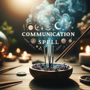 May include: A wooden bowl filled with dried lavender flowers sits on a table with incense sticks burning. The smoke from the incense forms a cloud above the bowl with symbols and the words "Communication Spell" written in the smoke.