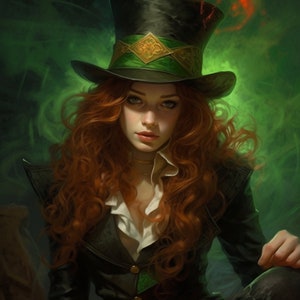 Op de afbeelding: Een portret van een persoon met lang, krullend rood haar, die een zwarte hoge hoed draagt met een groene band en gouden versieringen. De persoon draagt ook een zwarte jas over een wit overhemd met kraag. De achtergrond is een wervelend groen.