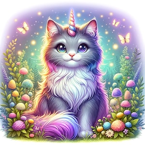 Puede incluir: Un gato gris y blanco con un cuerno de unicornio arcoíris se sienta en un campo de flores coloridas. El gato tiene ojos azules y una nariz rosa. Las flores son en tonos de rosa, morado, azul y amarillo.