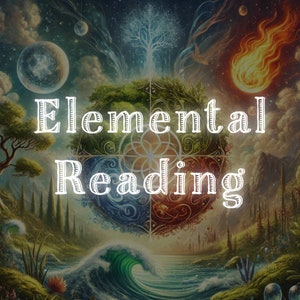 Pode incluir: Uma ilustração colorida dos quatro elementos: terra, ar, fogo e água. A imagem apresenta uma árvore estilizada, um cometa de fogo, uma onda e um vórtice giratório. O texto "Elemental Reading" está escrito em uma fonte vintage.