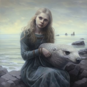 May include: A young woman with long blonde hair sits on a rocky shore, holding a white sea otter in her arms. The sea otter's head rests on her lap, and its eyes are closed. The woman is wearing a long, blue dress with a brown belt. The background is a hazy, blue sky and a calm, blue sea.