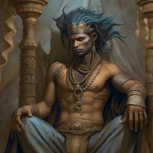 May include: A man with blue hair and a gold crown sits on a throne. He is wearing a gold necklace and bracelets. He has a tattoo on his chest.