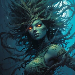 May include: A digital painting of a woman with long, dark green hair and glowing orange eyes. She is wearing a green and blue outfit and is surrounded by dark green tendrils.