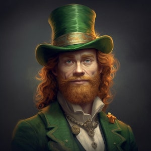 May include: A man with long red hair and a beard is wearing a green top hat with gold trim and a green jacket with gold accents. He is wearing a white shirt with a gold chain necklace.
