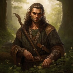 May include: A portrait of a man with long brown hair and pointed ears, wearing a green tunic with brown leather straps and a wooden staff. He is standing in a forest setting.