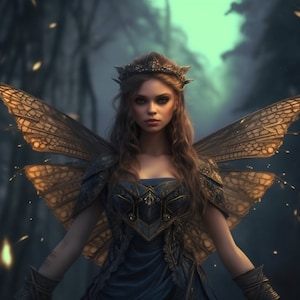 May include: A woman with long brown hair wears a crown and a blue dress with gold accents. She has large, golden butterfly wings.