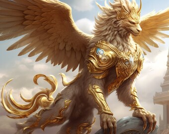 Puede incluir: Un león alado dorado con una corona y armadura, de pie sobre una roca con un cielo nublado en el fondo.
