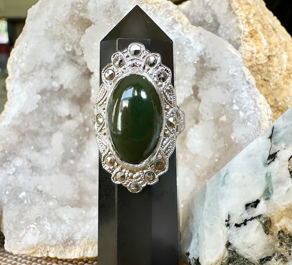 Art Deco Nephrite Jade and Marcasite Ring - image 3