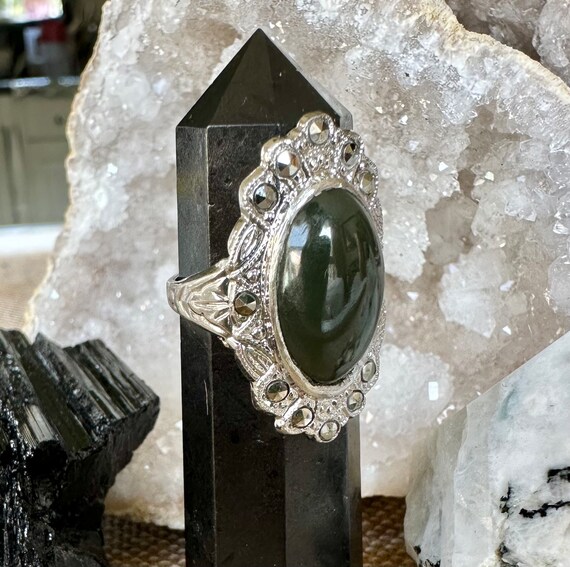 Art Deco Nephrite Jade and Marcasite Ring - image 5