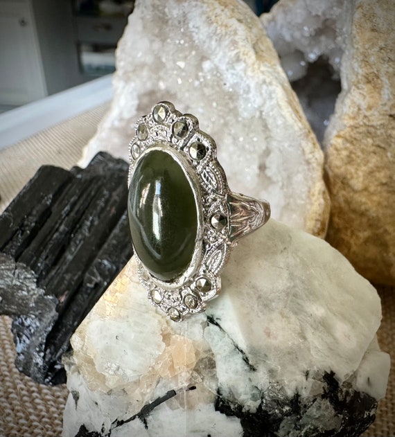 Art Deco Nephrite Jade and Marcasite Ring - image 2