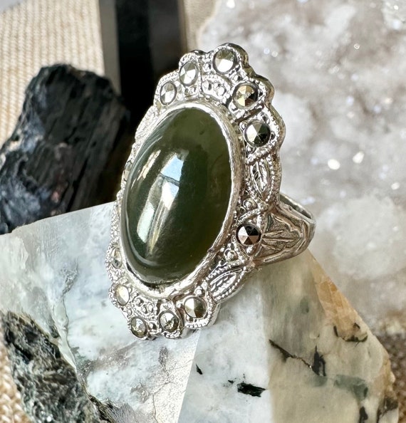Art Deco Nephrite Jade and Marcasite Ring