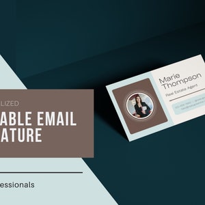 May include: A blue and brown business card with a woman's headshot in a circle. The text on the card reads "Marie Thompson, Real Estate Agent".