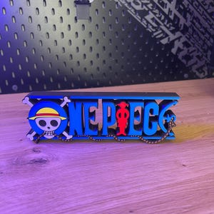 Könnte beinhalten: Ein blau-schwarzes Dekoschild mit dem Wort "ONE PIECE" in blauen Buchstaben. Das Schild zeigt einen Totenkopf mit gekreuzten Knochen mit gelbem Hut und einer roten Figur. Eine Kette ist an den Buchstaben befestigt.
