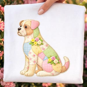 May include: A white square pillow featuring a patchwork dog design. The dog is composed of various pastel-colored fabric patches, including pink, yellow, green, and blue, adorned with floral accents and small flower embellishments.