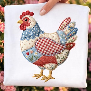 May include: A white square fabric featuring a patchwork chicken design. The chicken is made from red, blue, and white patterned fabrics, with a red comb and yellow feet. The design is hand-stitched with a decorative stitch.