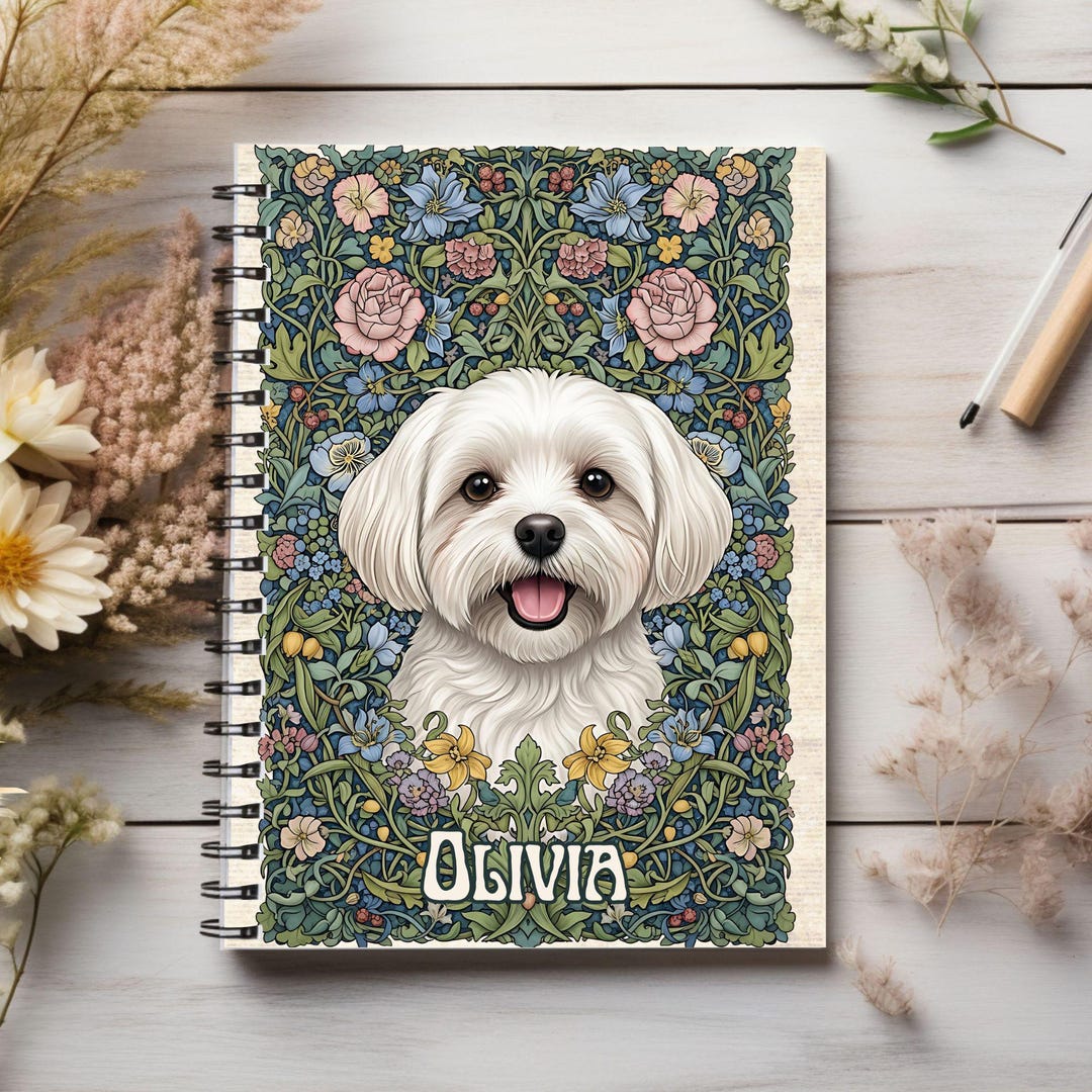 Personalized Maltese Dog Floral Spiral Notebook, Custom Maltese Dog ...