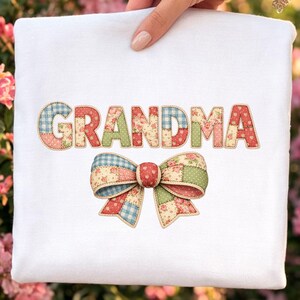 Patchwork Grandma PNG with Bow, Floral Coquette Clipart, Trendy Png Design, Granny Core Clip Art, Retro Sublimation Dtf file for Download