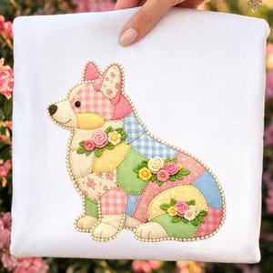 Imagen PNG de un perro Corgi con diseño de patchwork / Clip art estilo cottagecore (descarga digital)