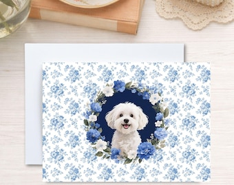 Tarjeta de felicitación imprimible con corona floral azul de Maltés, notas de agradecimiento para perros, descarga instantánea