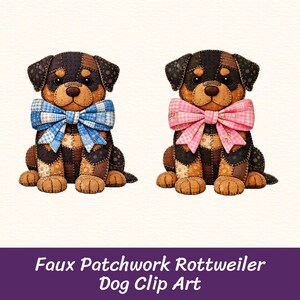 Peut inclure: Deux images clipart de chiens Rottweiler en patchwork. L'un des chiens porte un nœud papillon à carreaux bleu et blanc, l'autre un nœud papillon à carreaux rose et blanc. Les chiens sont marron, noirs et beiges avec un motif patchwork.