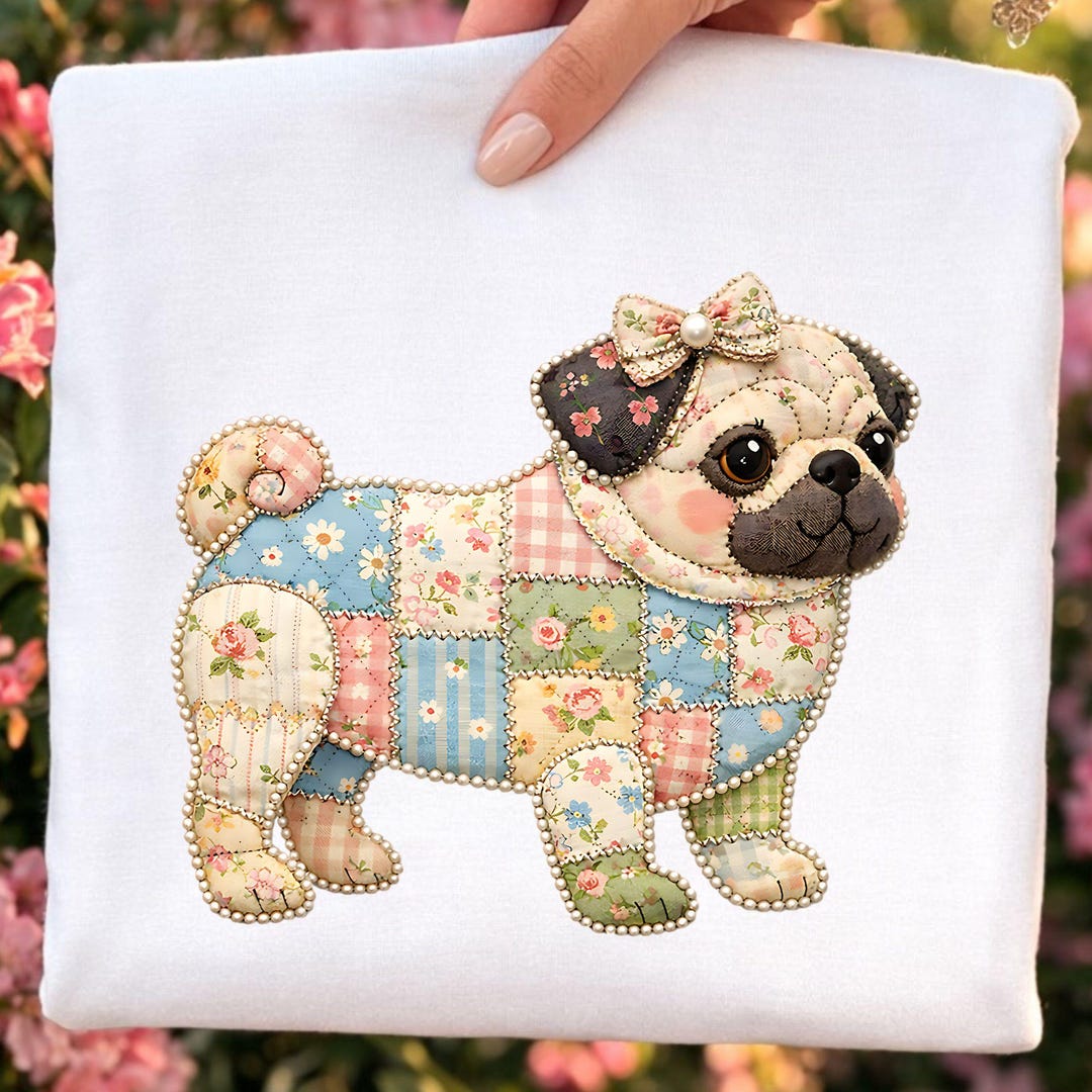 Pug Dog Faux Patchwork PNG | Cottagecore Quilt Style Clipart (digital ...