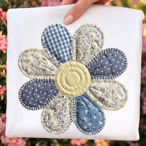 Spring Daisy Faux Patchwork PNG, Floral Applique Design (Digital Download)