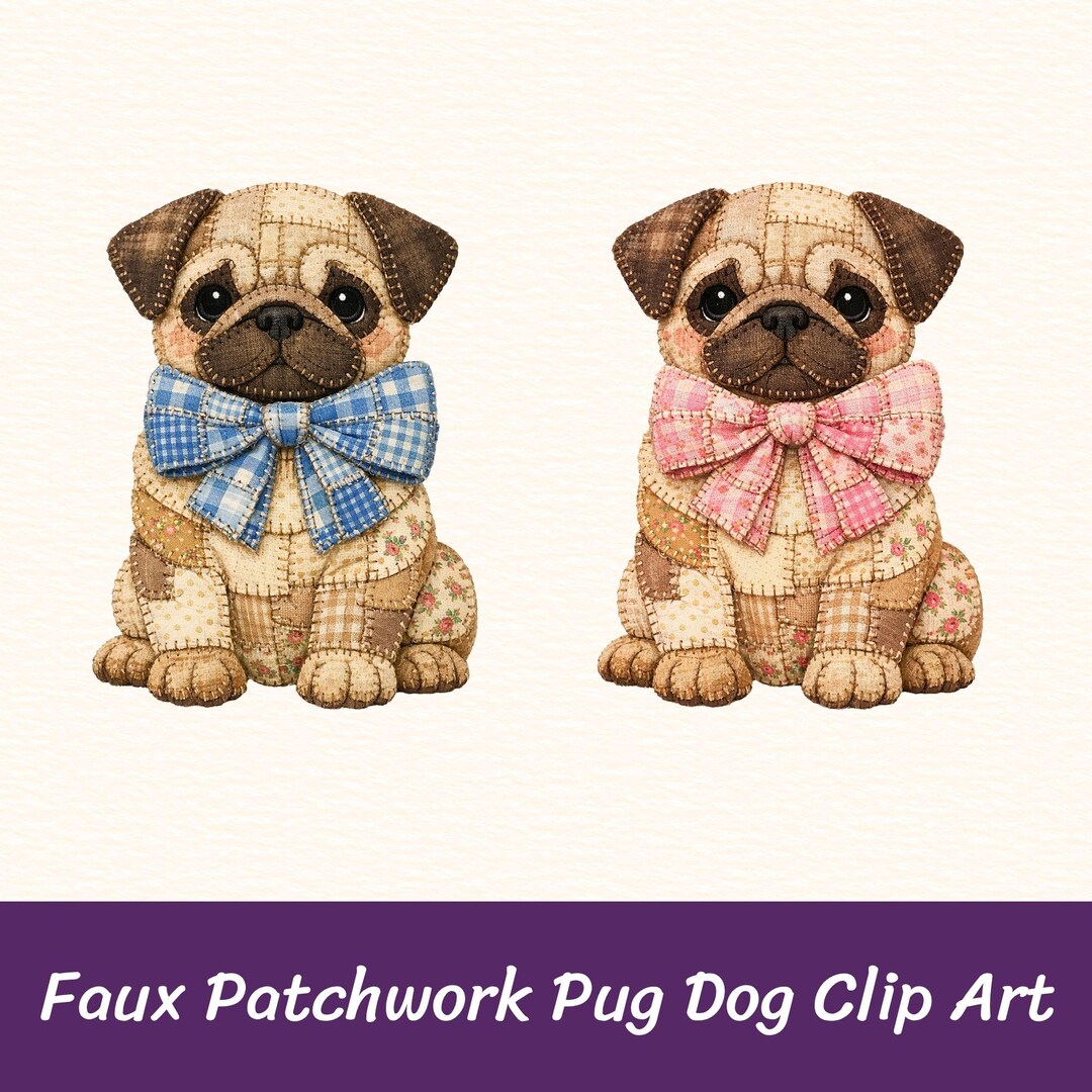 Pug Dog Faux Patchwork PNG | Cottagecore Quilt Style Clipart (digital ...