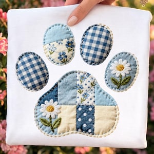 Diseño gráfico de huellas de patas con estampado floral en patchwork (diseño digital)