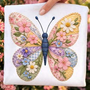Patchwork Butterfly PNG, Retro Floral Applique Design (Digital Download)