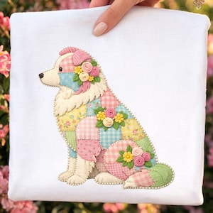 Border Collie hund Faux Patchwork PNG | Cottagecore Quilt Style Clipart (digital nedladdning)