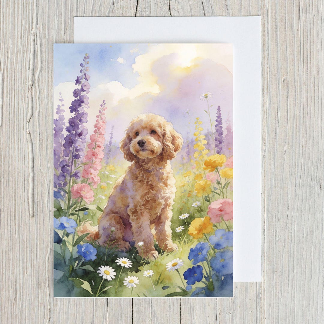 Cavapoo Wildflower Printable Greeting Card, Floral Dog Thank You Notes ...