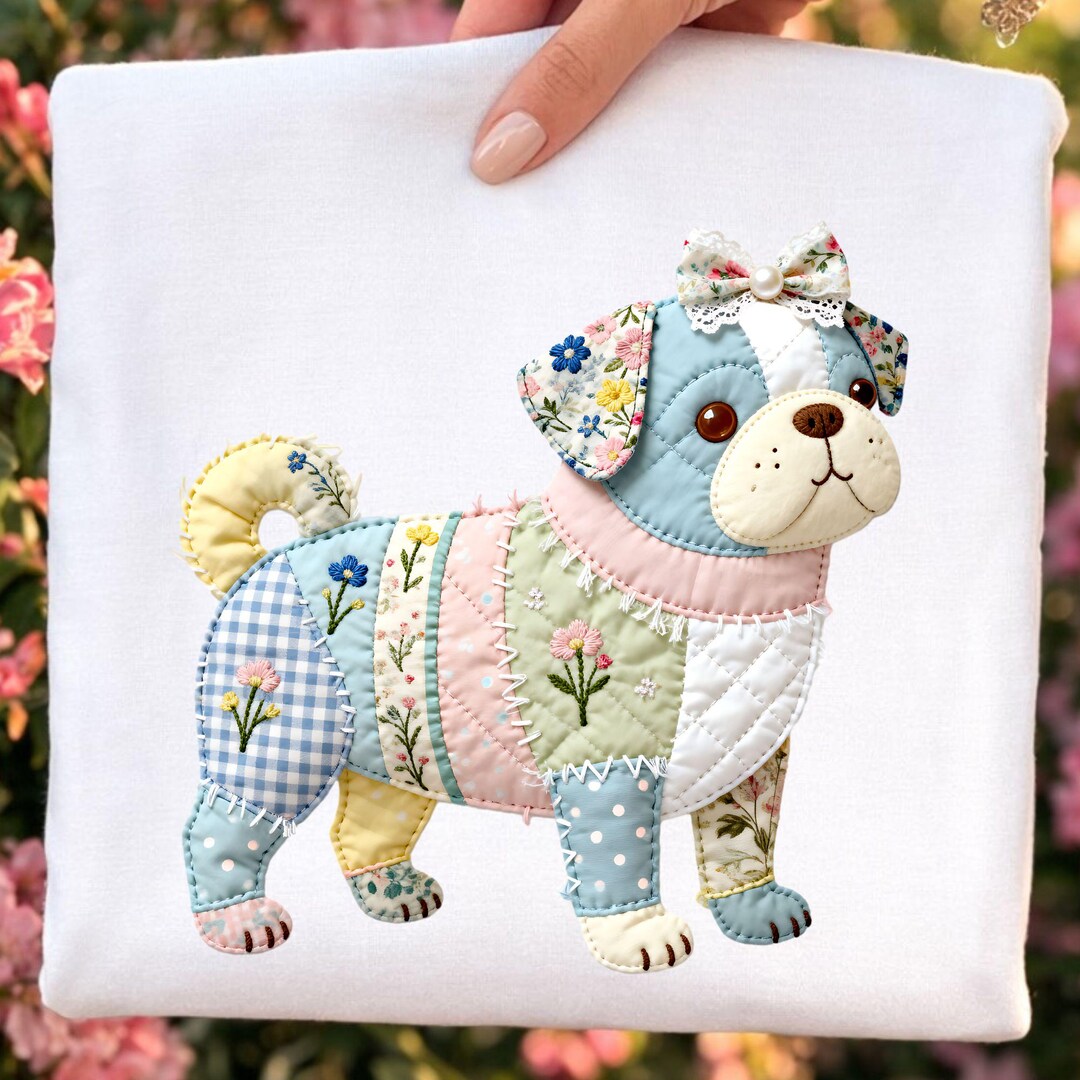 Pug Dog Faux Patchwork PNG | Cottagecore Quilt Style Clipart (digital ...