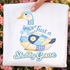 Shabby Goose PNG, Faux Patchwork Blue Bow Design (Digital Download)
