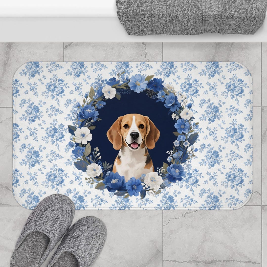 Blue Floral Beagle Bath Mat Cute Beagle Dog Bathroom Rug - Etsy