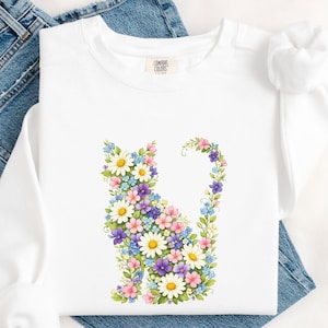 Floral Cat PNG, Botanical Cat Shirt Design, Wildflower Graphic (Digital Download) image 14