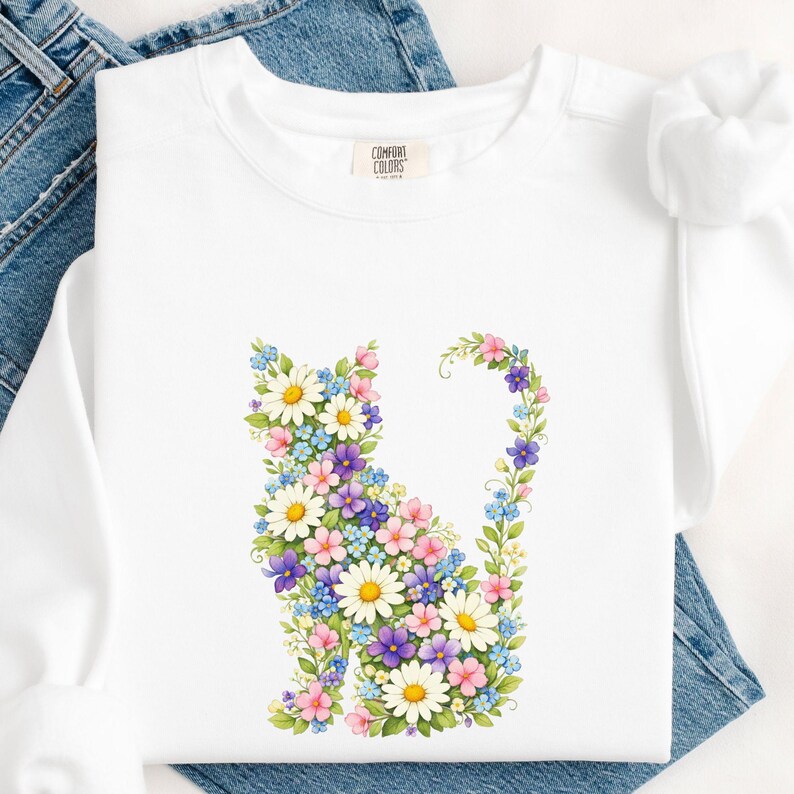 Floral Cat PNG, Botanical Cat Shirt Design, Wildflower Graphic (Digital Download) image 14