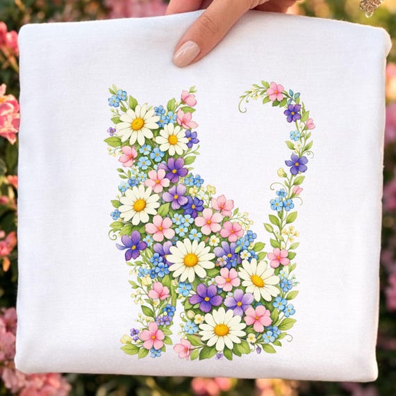 Floral Cat PNG, Botanical Cat Shirt Design, Wildflower Graphic (Digital Download)