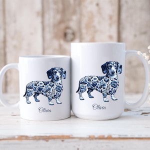 Dachshund French Toile de Jouy Mug Blue Toile Chinoiserie Coffee Cup for Doxie Mom, Sausage Dog Lover Gifts, Dog Tea Drinkware