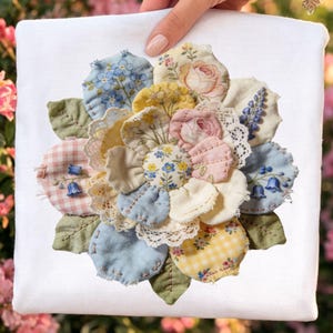 PNG de flores de primavera en patchwork, camisa shabby chic, sublimación y DTF, diseño cottagecore coqueto, PNG de moda