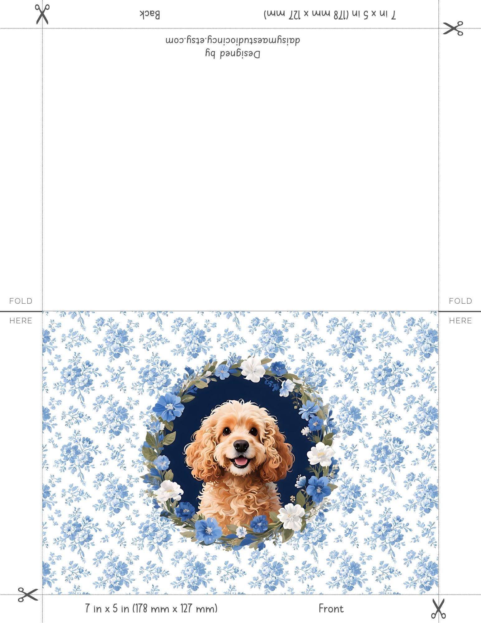 Cavapoo Blue Floral Wreath Printable Greeting Card, Dog Thank You Notes ...