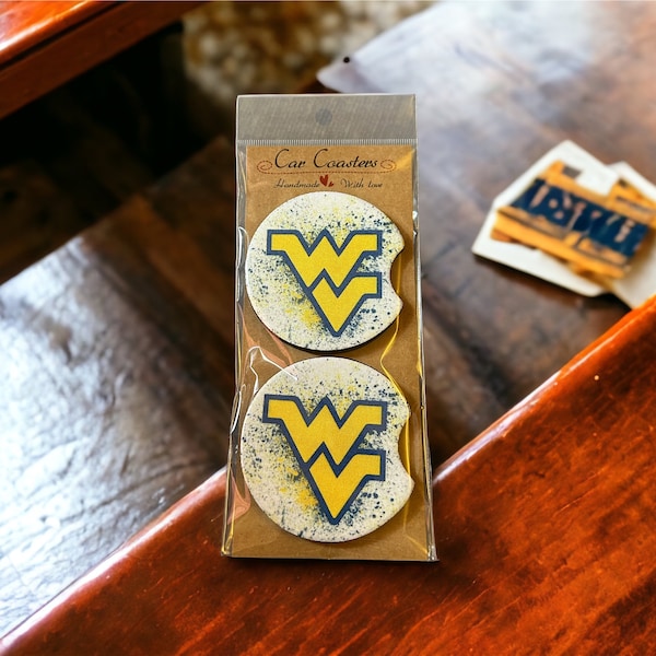 WVU car coasters, football coasters, wv fan